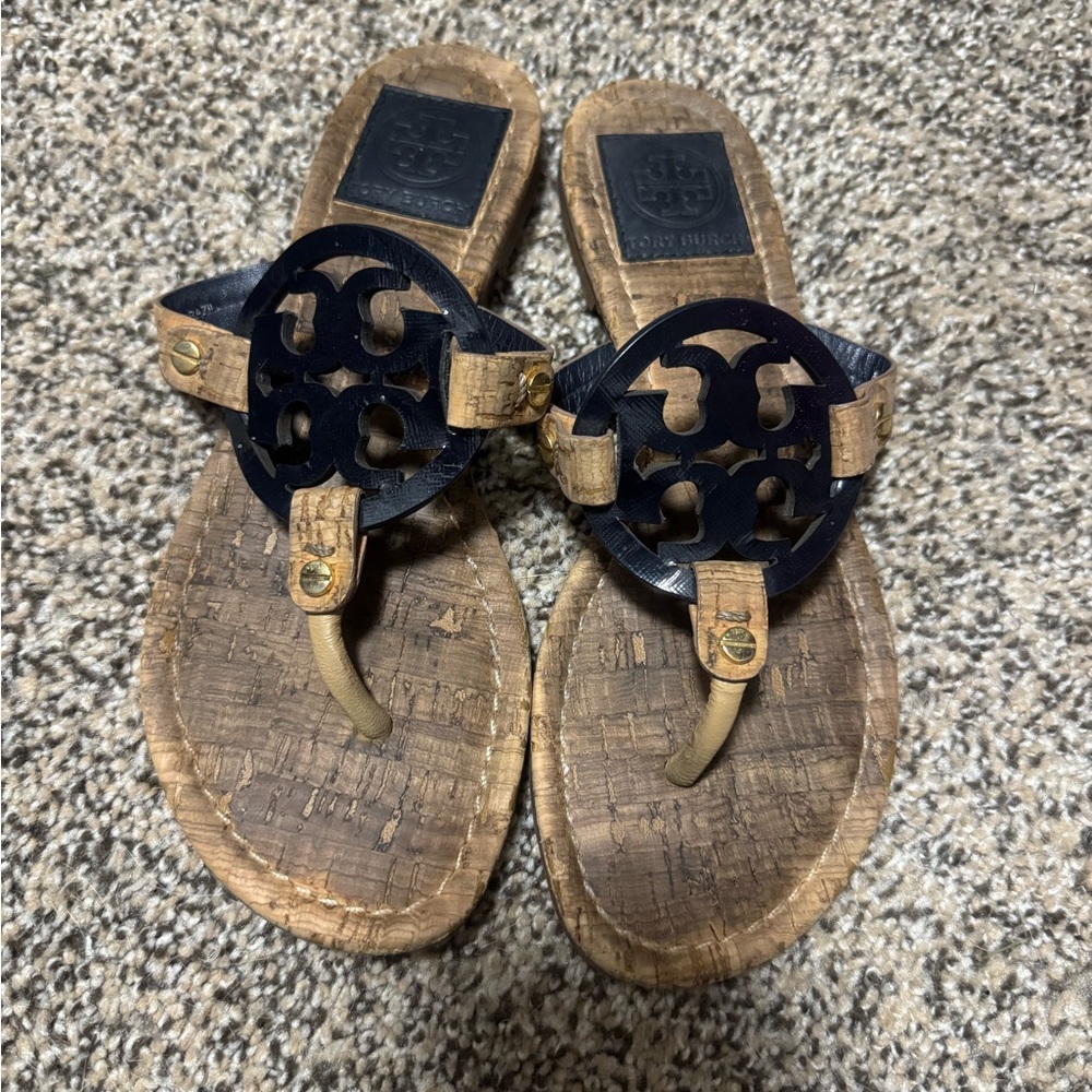 Tory Burch Dark Blue & Cork Miller Sandals